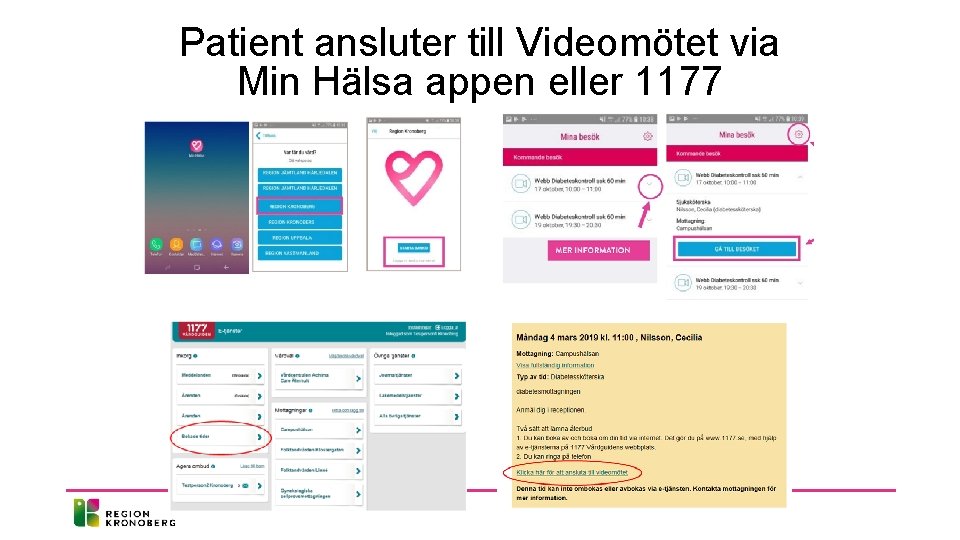 Patient ansluter till Videomötet via Min Hälsa appen eller 1177 