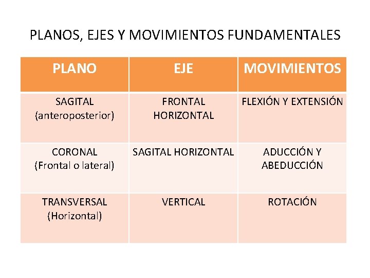 PLANOS, EJES Y MOVIMIENTOS FUNDAMENTALES PLANO EJE MOVIMIENTOS SAGITAL (anteroposterior) FRONTAL HORIZONTAL FLEXIÓN Y