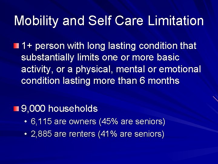 Mobility and Self Care Limitation 1+ person with long lasting condition that substantially limits