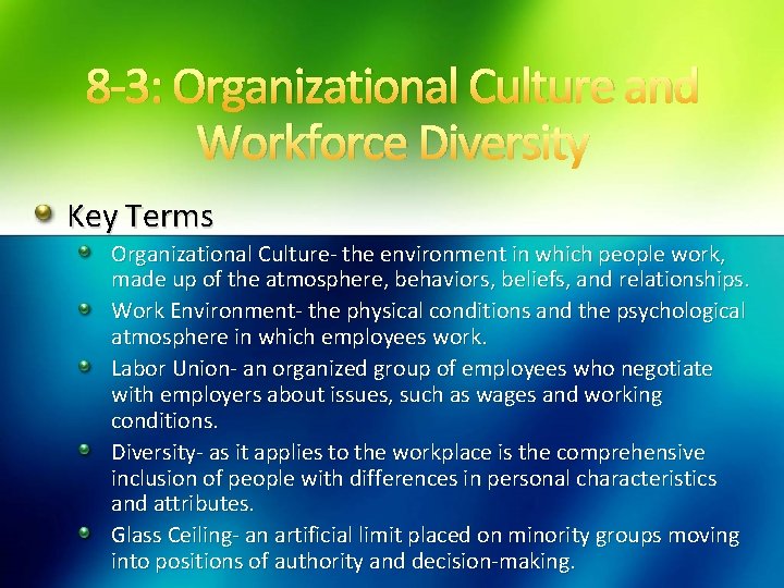 8 -3: Organizational Culture and Workforce Diversity Key Terms Organizational Culture- the environment in