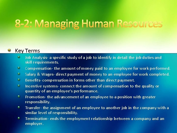 8 -2: Managing Human Resources Key Terms Job Analysis- a specific study of a