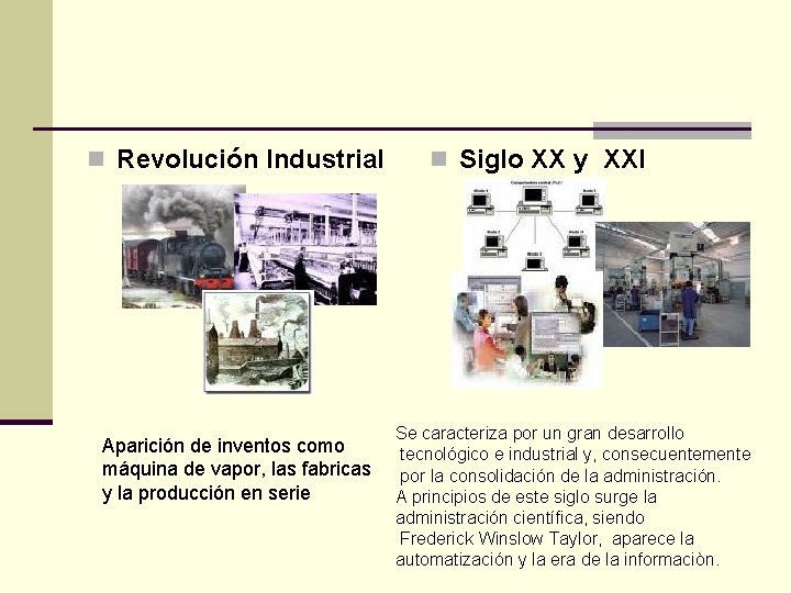 n Revolución Industrial Aparición de inventos como máquina de vapor, las fabricas y la