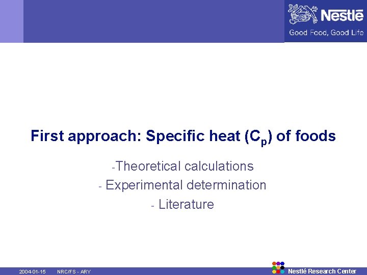 First approach: Specific heat (Cp) of foods -Theoretical calculations - Experimental determination - Literature