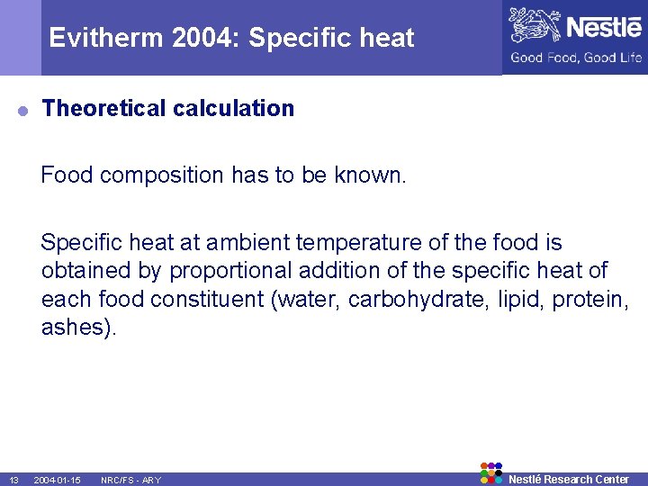 Evitherm 2004: Specific heat = Theoretical calculation Food composition has to be known. Specific