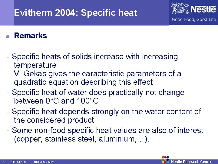 Evitherm 2004: Specific heat = Remarks - Specific heats of solids increase with increasing