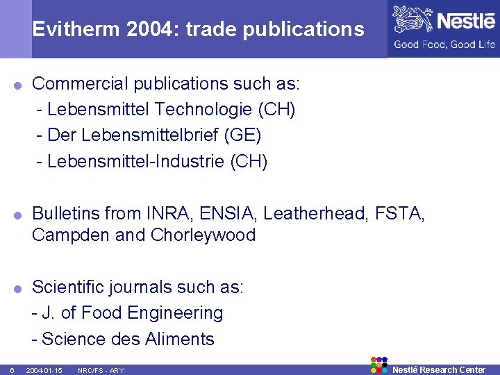 Evitherm 2004: trade publications = Commercial publications such as: - Lebensmittel Technologie (CH) -