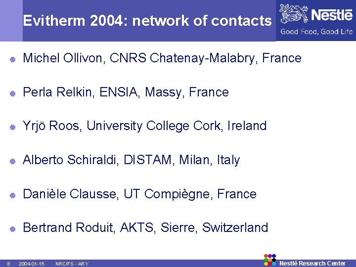 Evitherm 2004: network of contacts = Michel Ollivon, CNRS Chatenay-Malabry, France = Perla Relkin,