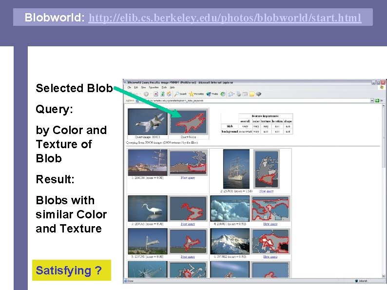 Blobworld: http: //elib. cs. berkeley. edu/photos/blobworld/start. html Query by Shape / Texture / Location