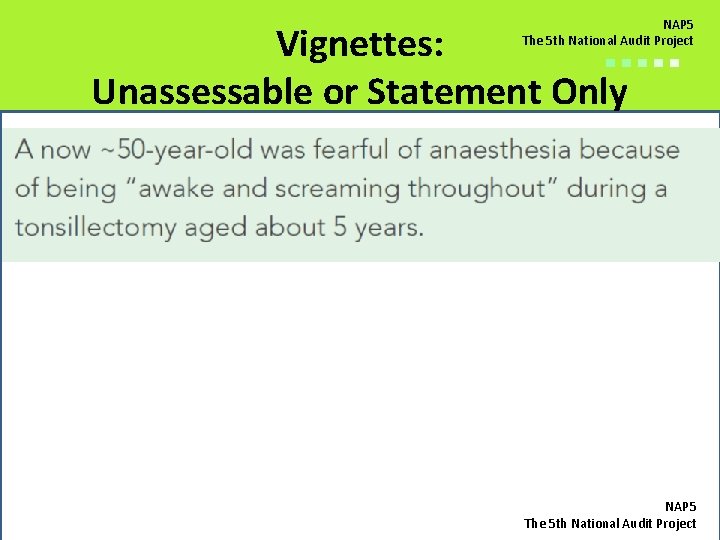 NAP 5 The 5 th National Audit Project Vignettes: ■■■■■ Unassessable or Statement Only