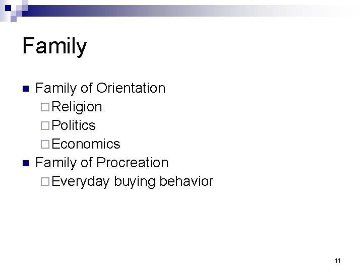 Family n n Family of Orientation ¨ Religion ¨ Politics ¨ Economics Family of