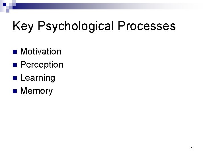 Key Psychological Processes Motivation n Perception n Learning n Memory n 14 