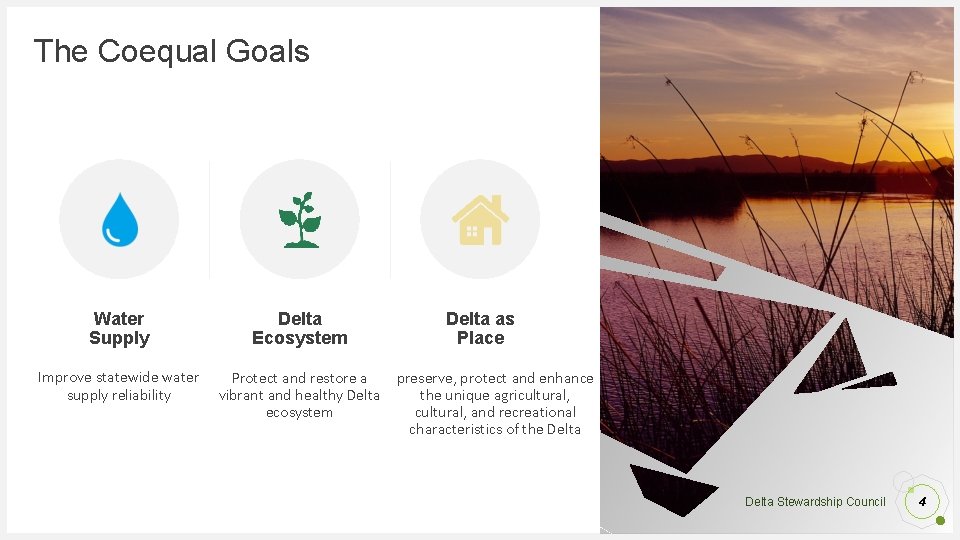 The Coequal Goals Water Supply Delta Ecosystem Improve statewide water supply reliability Protect and