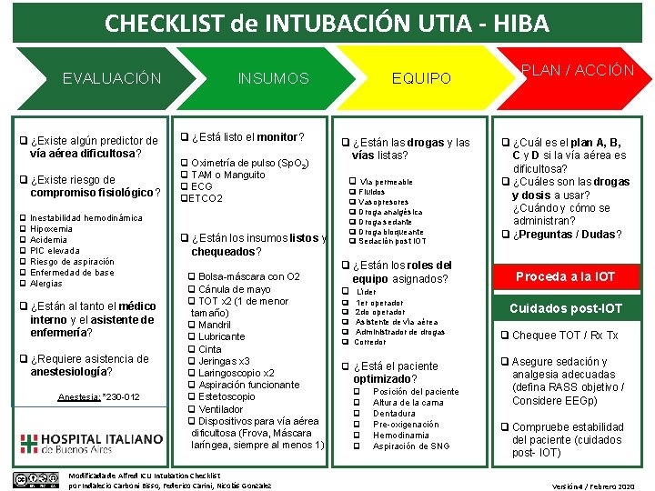 CHECKLIST de INTUBACIÓN UTIA - HIBA EVALUACIÓN ❑ ¿Existe algún predictor de vía aérea