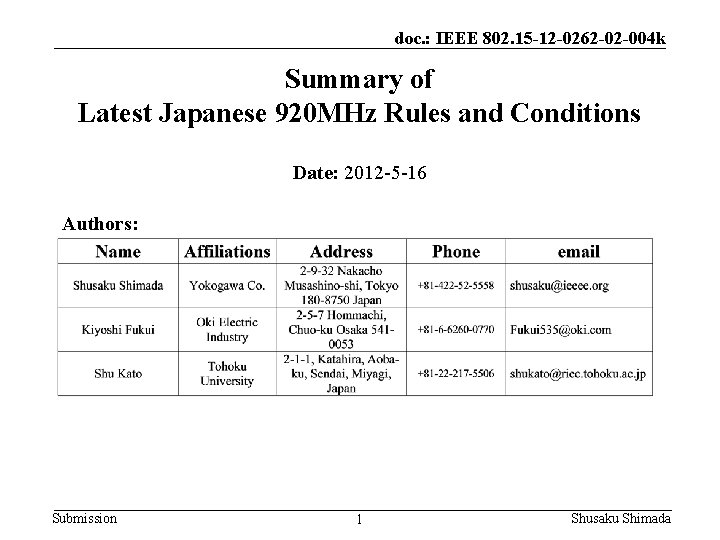 doc. : IEEE 802. 15 -12 -0262 -02 -004 k Summary of Latest Japanese