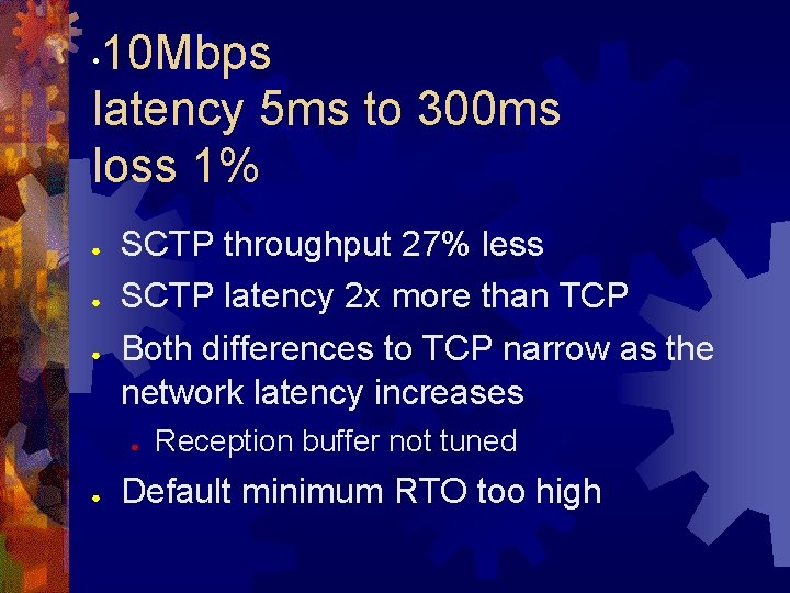 10 Mbps latency 5 ms to 300 ms loss 1% • ● ● ●