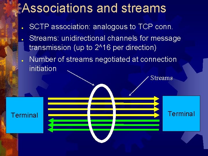 Associations and streams ● ● ● SCTP association: analogous to TCP conn. Streams: unidirectional