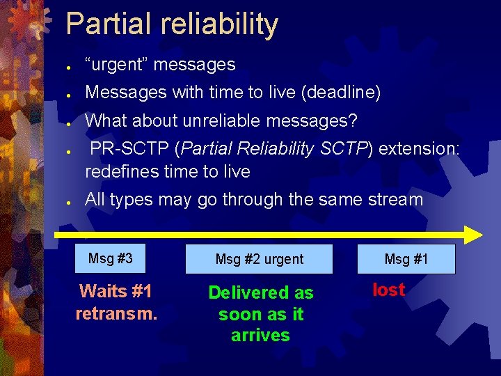 Partial reliability ● “urgent” messages ● Messages with time to live (deadline) ● What