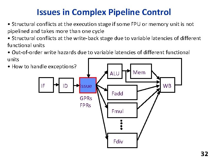 Issues in Complex Pipeline Control • Structural conflicts at the execution stage if some