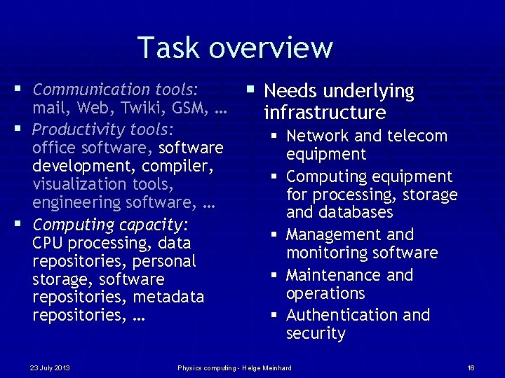 Task overview § Communication tools: mail, Web, Twiki, GSM, … § Productivity tools: office