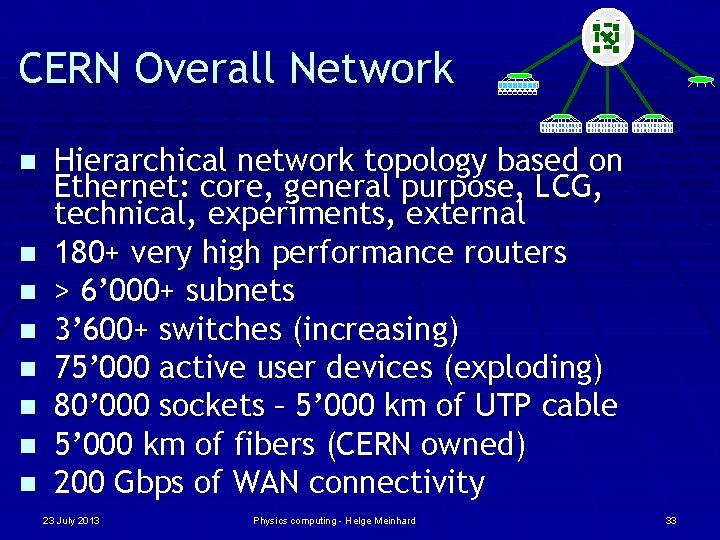 CERN Overall Network n n n n Hierarchical network topology based on Ethernet: core,