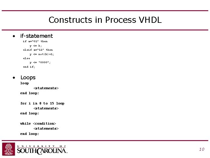 Constructs in Process VHDL • if-statement if a=“ 01” then y <= b; elsif