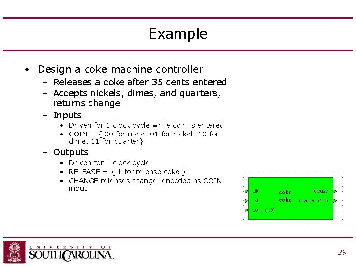 Example • Design a coke machine controller – Releases a coke after 35 cents