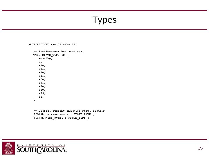 Types ARCHITECTURE fsm OF coke IS -- Architecture Declarations TYPE STATE_TYPE IS ( standby,