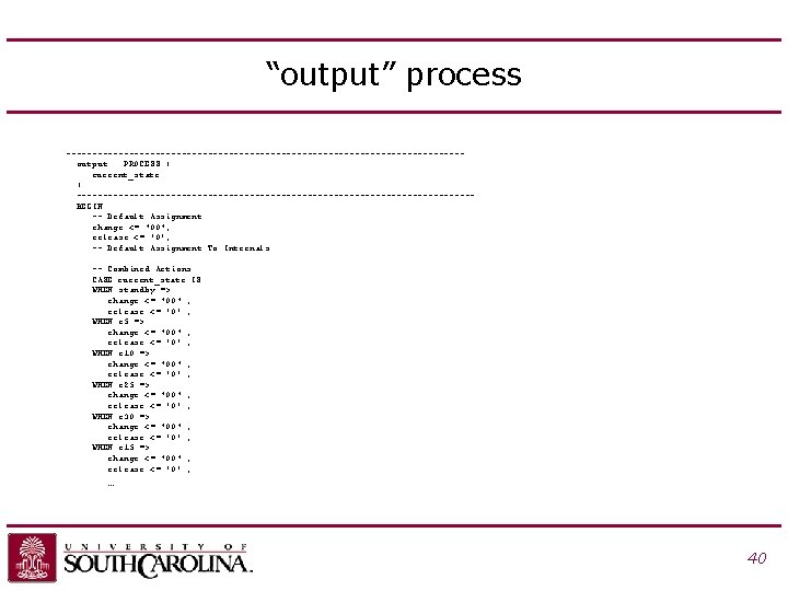 “output” process --------------------------------------output : PROCESS ( current_state ) --------------------------------------BEGIN -- Default Assignment change <=