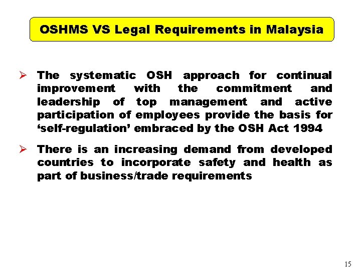 OSHMS VS Legal Requirements in Malaysia Ø The systematic OSH approach for continual improvement