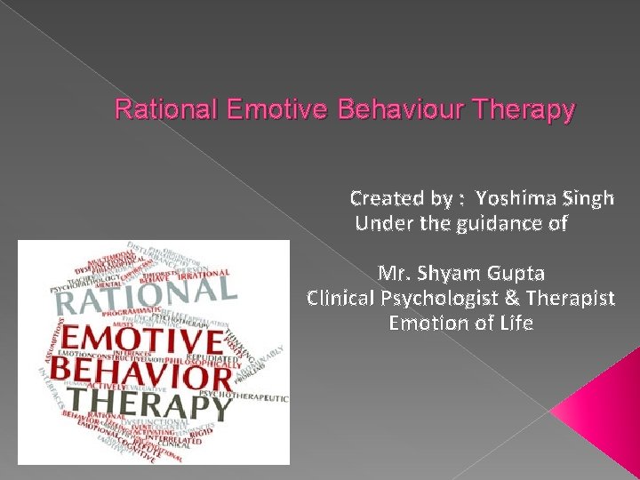 Rational Emotive Behaviour Therapy Created by : Yoshima Singh Under the guidance of Mr.
