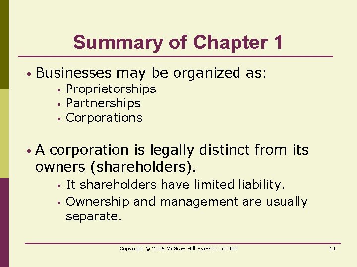 Summary of Chapter 1 w Businesses § § § may be organized as: Proprietorships