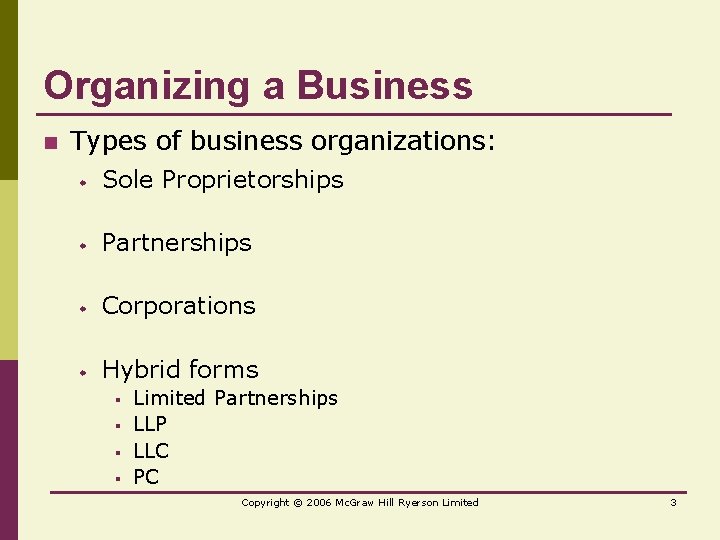 Organizing a Business n Types of business organizations: w Sole Proprietorships w Partnerships w
