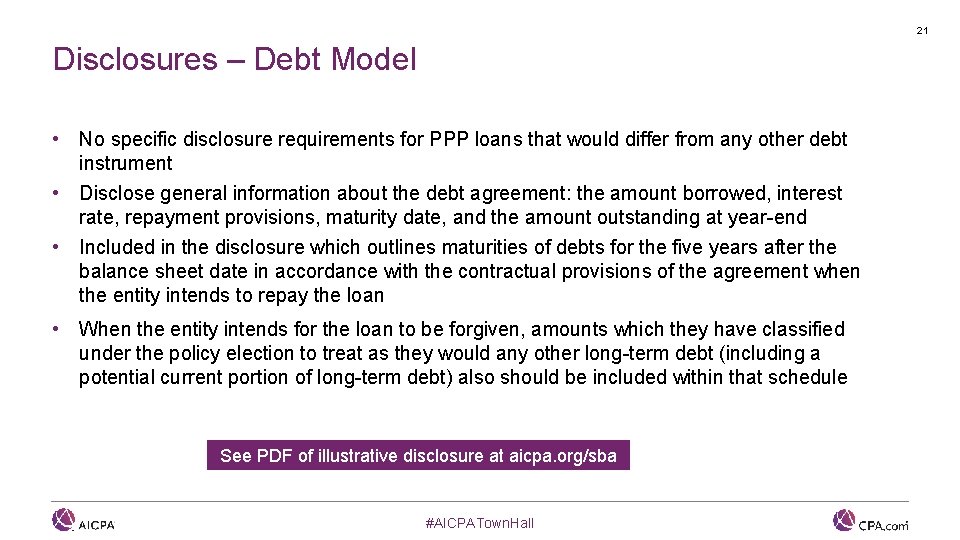 21 Disclosures – Debt Model • No specific disclosure requirements for PPP loans that