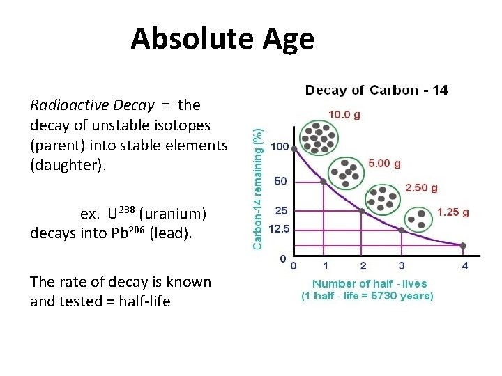 Absolute Age Radioactive Decay = the decay of unstable isotopes (parent) into stable elements