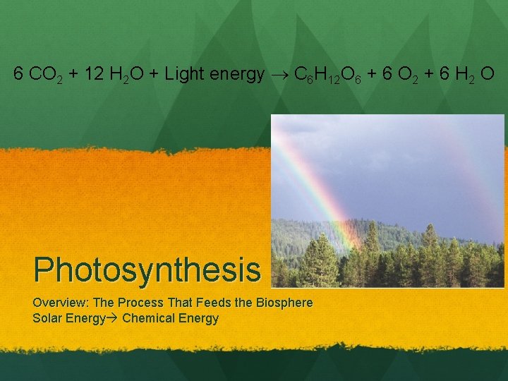 6 CO 2 + 12 H 2 O + Light energy C 6 H