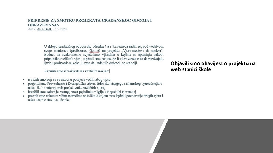 Objavili smo obavijest o projektu na web stanici škole 