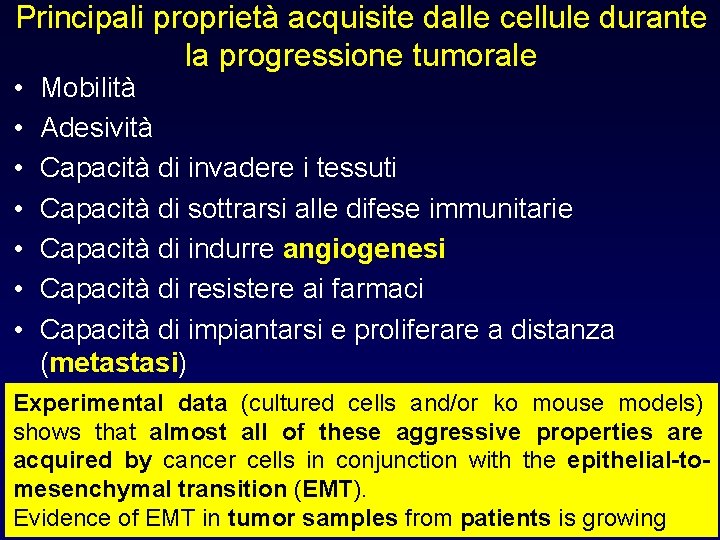 Principali proprietà acquisite dalle cellule durante la progressione tumorale • • Mobilità Adesività Capacità