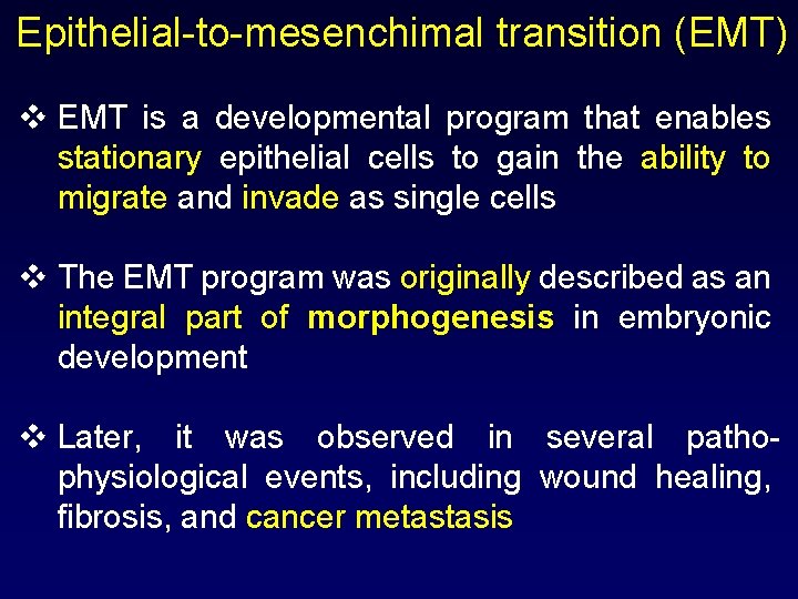 Epithelial-to-mesenchimal transition (EMT) v EMT is a developmental program that enables stationary epithelial cells
