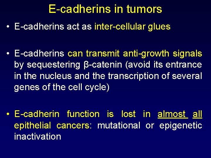 E-cadherins in tumors • E-cadherins act as inter-cellular glues • E-cadherins can transmit anti-growth