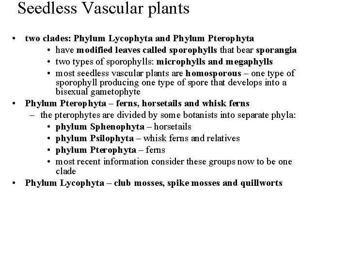 Seedless Vascular plants • two clades: Phylum Lycophyta and Phylum Pterophyta • have modified