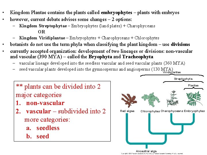  • • Kingdom Plantae contains the plants called embryophytes – plants with embryos