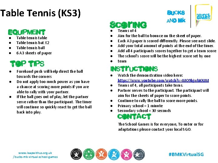 Table Tennis (KS 3) ● ● Table tennis table Table tennis bat X 2