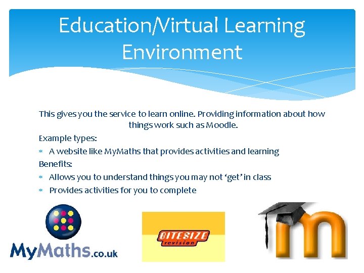 Education/Virtual Learning Environment This gives you the service to learn online. Providing information about