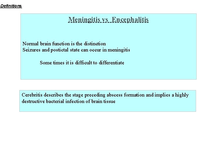 Definitions Meningitis vs Encephalitis Normal brain function is the distinction Seizures and postictal state