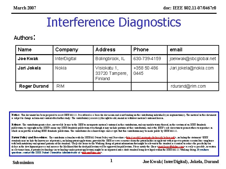 March 2007 doc: IEEE 802. 11 -07/0467 r 0 Interference Diagnostics Authors: Name Company