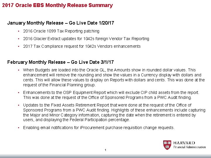 2017 Oracle EBS Monthly Release Summary January Monthly Release – Go Live Date 1/20/17