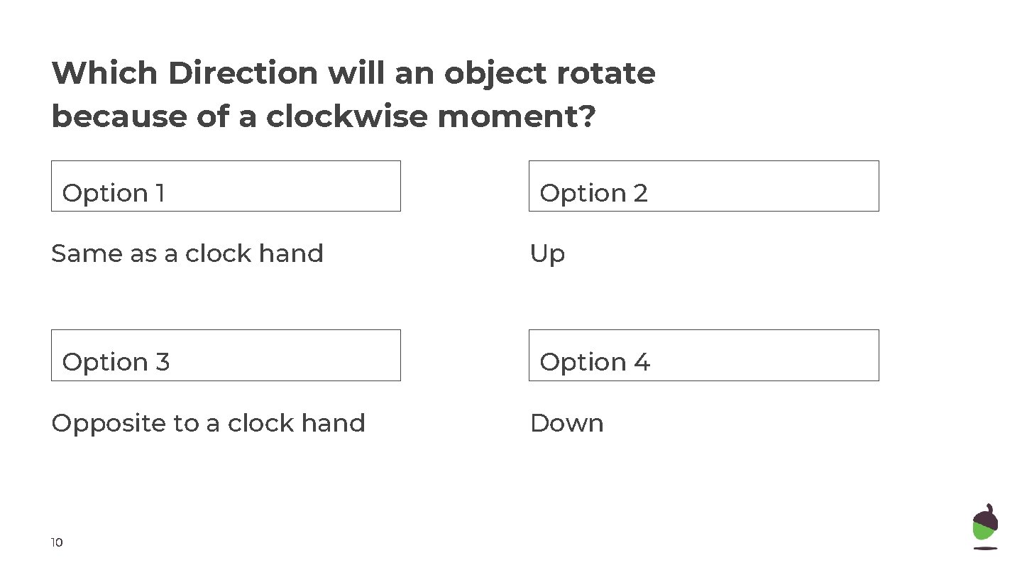 Which Direction will an object rotate because of a clockwise moment? Option 1 Option