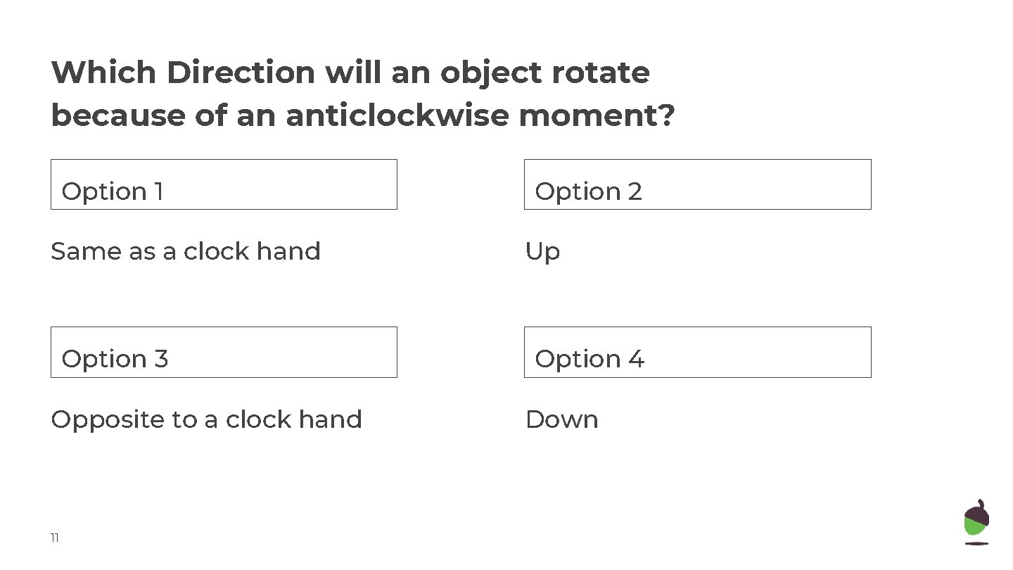 Which Direction will an object rotate because of an anticlockwise moment? Option 1 Option