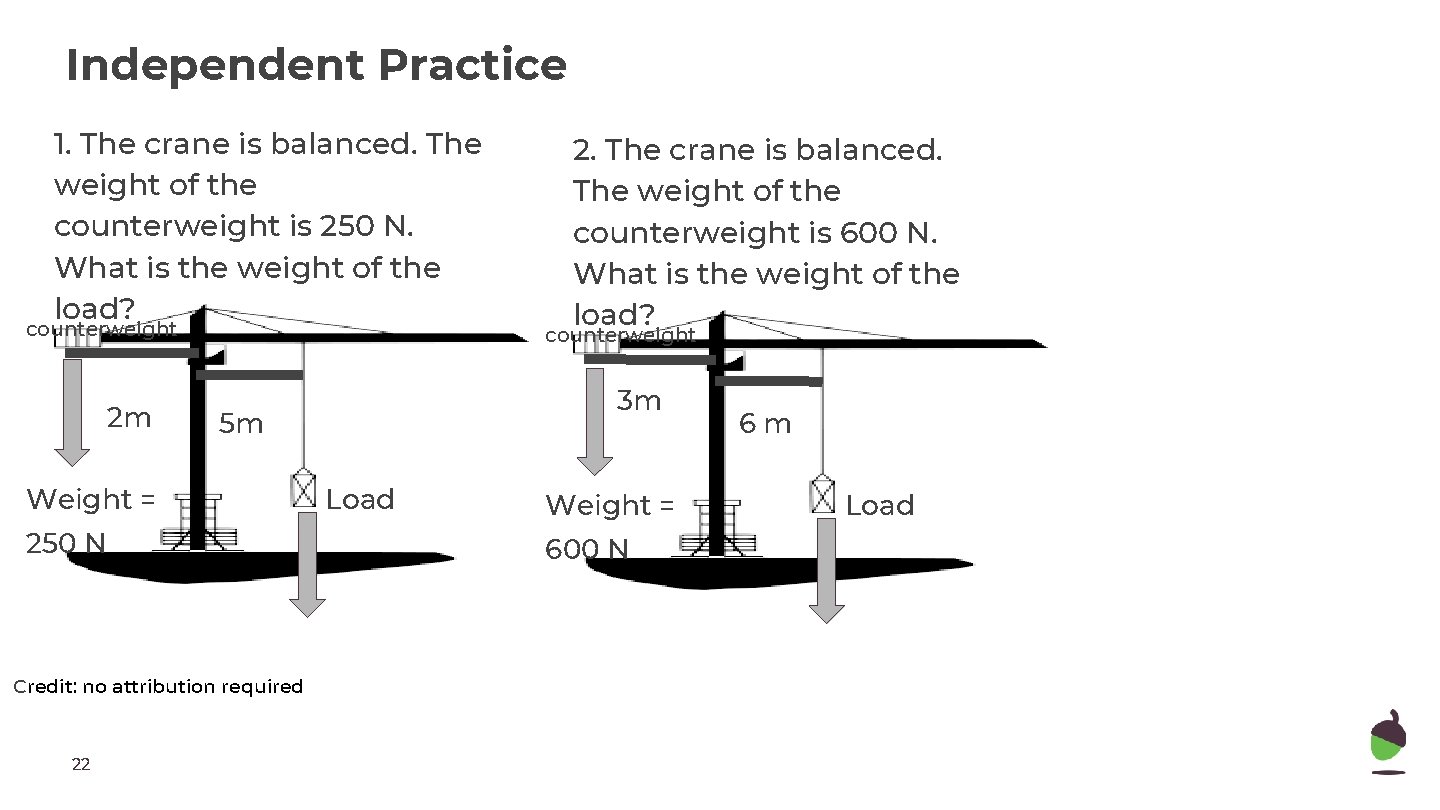 Independent Practice 1. The crane is balanced. The weight of the counterweight is 250