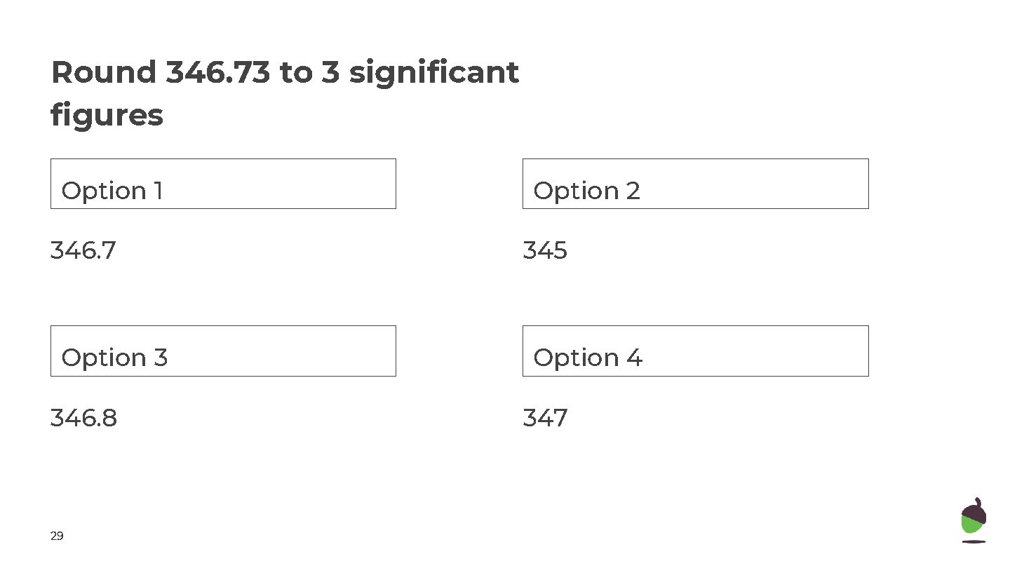 Round 346. 73 to 3 significant figures Option 1 Option 2 346. 7 345